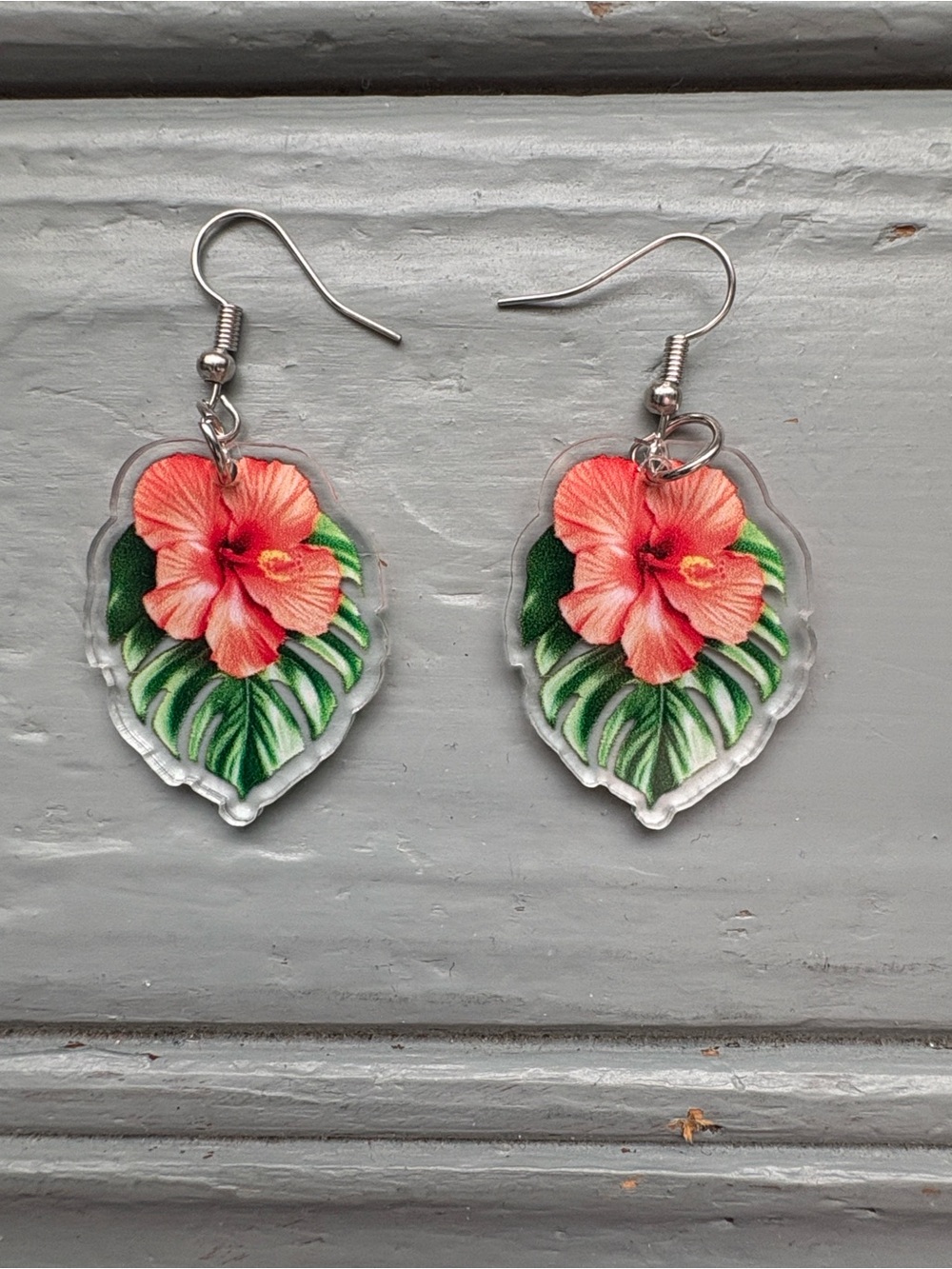 Hibiscus Leaf Drop Earrings in Coral and Green